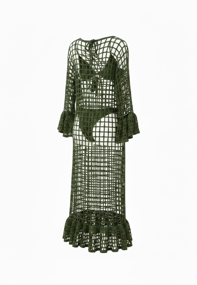 Vestido maxi crochet calado verde detalle calado artesanal vista cercana MIZZBOGI
