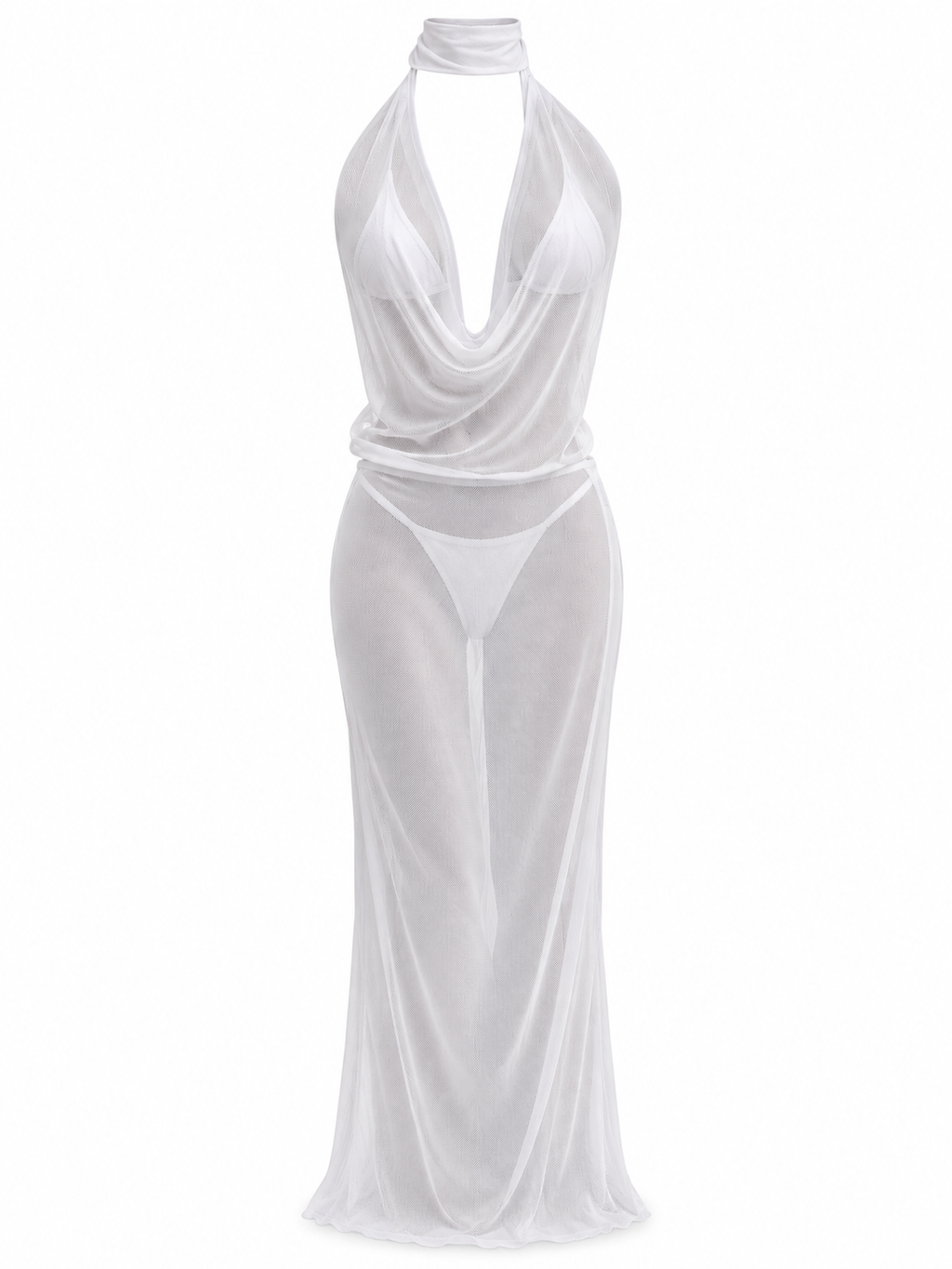 Vestido largo malla blanca transparente escote halter drapeado ghost mannequin frontal MIZZBOGI