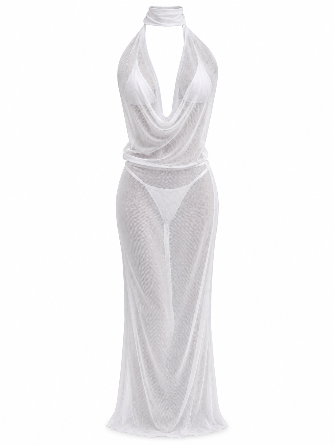 Vestido largo malla blanca transparente escote halter drapeado ghost mannequin frontal MIZZBOGI