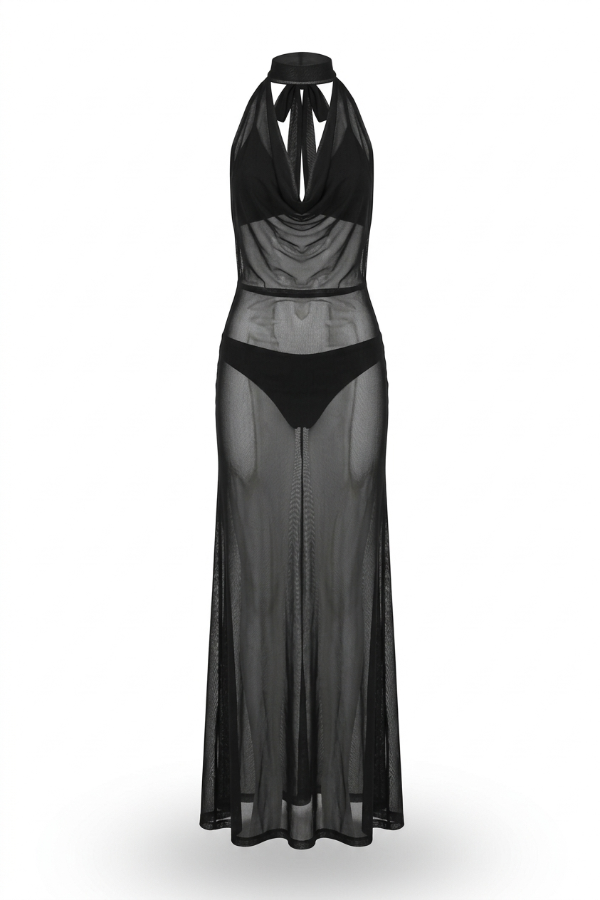 Vestido largo malla negra transparente escote halter amarre cuello ghost mannequin frontal MIZZBOGI