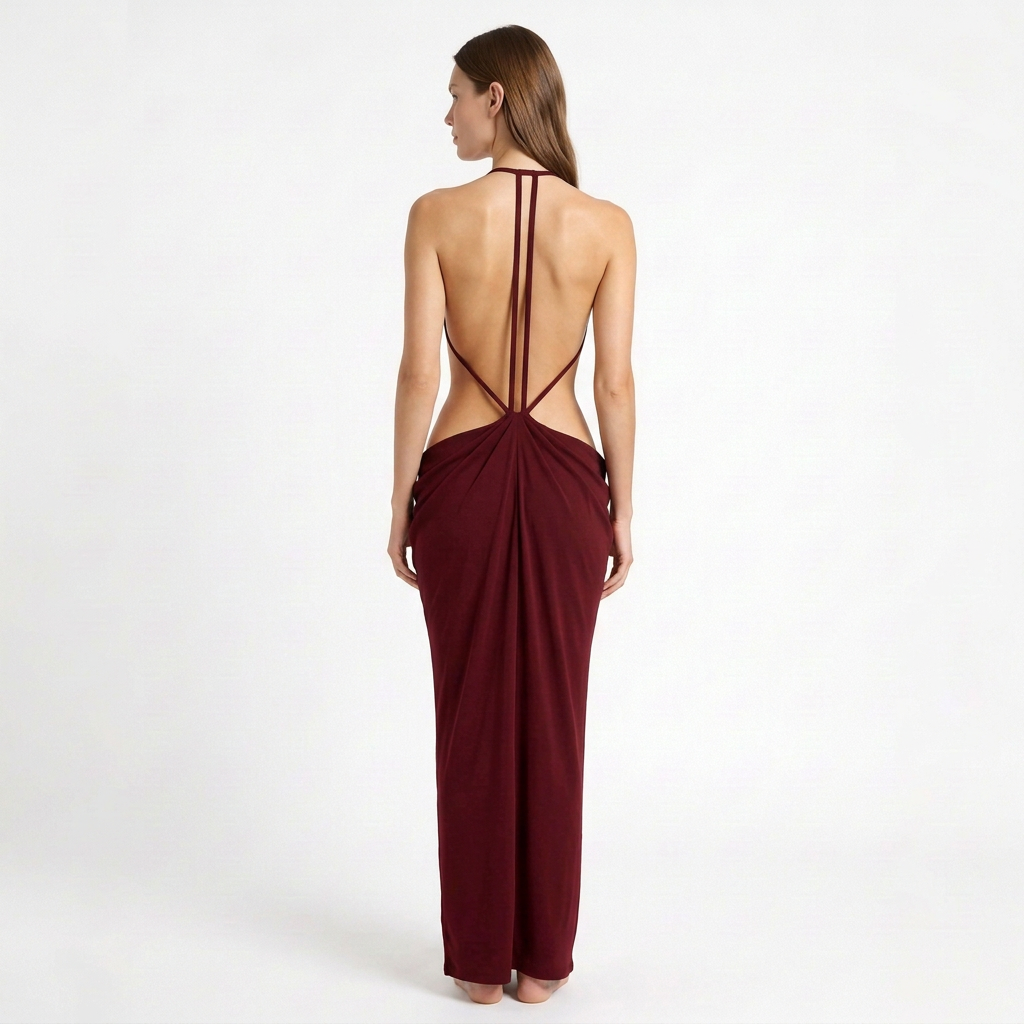 Vestido largo SELINI vinotinto en modelo, vista de espalda con tirantes finos y drapeado central sobre la cadera.