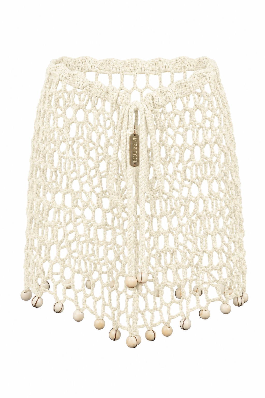 Minifalda ARUMA crema vainilla sin modelo, tejida en crochet calado con cuentas decorativas y cordones ajustables.