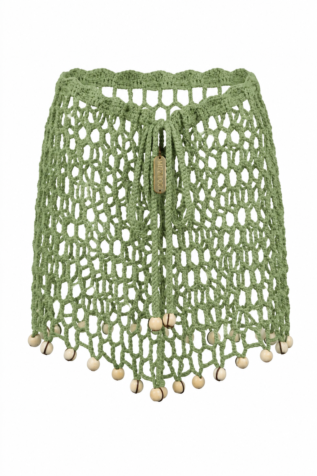 Minifalda ARUMA pistacho sin modelo, tejida en crochet calado con cuentas decorativas y cordones ajustables.