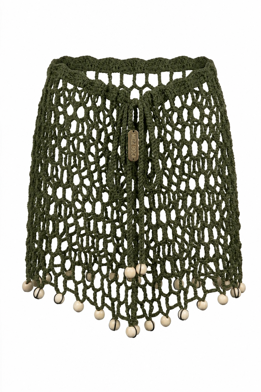 Minifalda ARUMA verde militar sin modelo, tejida en crochet calado con cuentas decorativas y cordones ajustables.