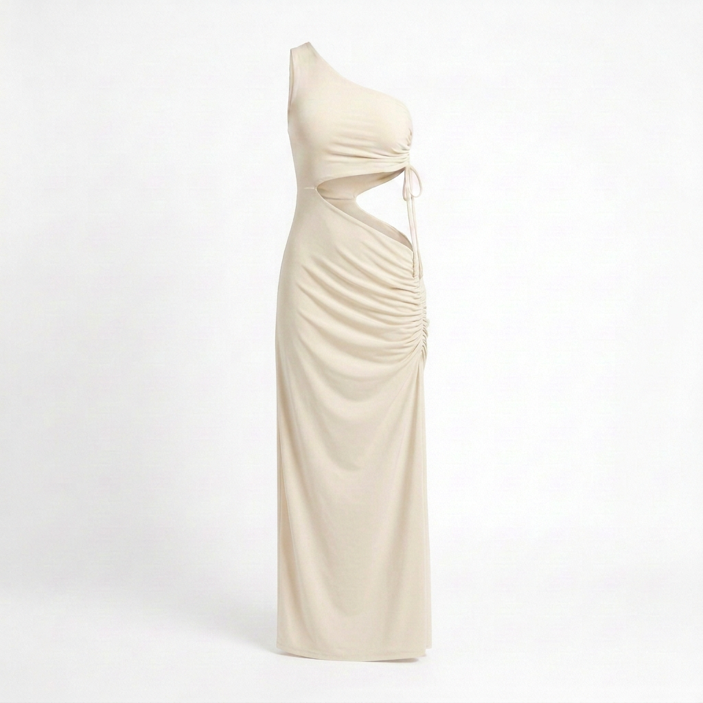 Vestido largo AVRA marfil sin modelo, vista frontal con escote de un hombro, abertura lateral y drapeado diagonal recogido en la cadera.