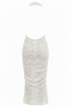 Back view white lace halter dress open back