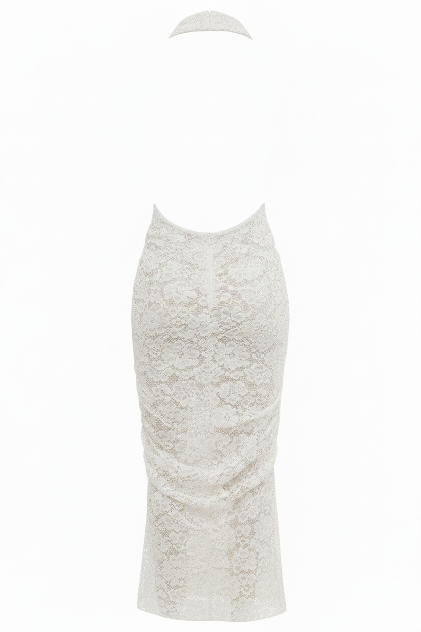 Back view white lace halter dress open back