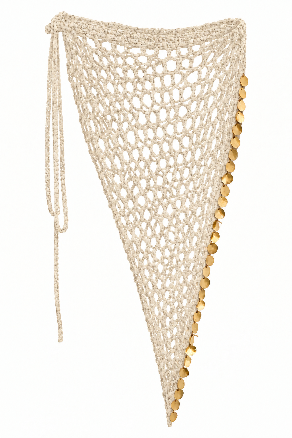 Pareo triangular MAXI FESTIVAL beige de crochet con lentejuelas doradas.
