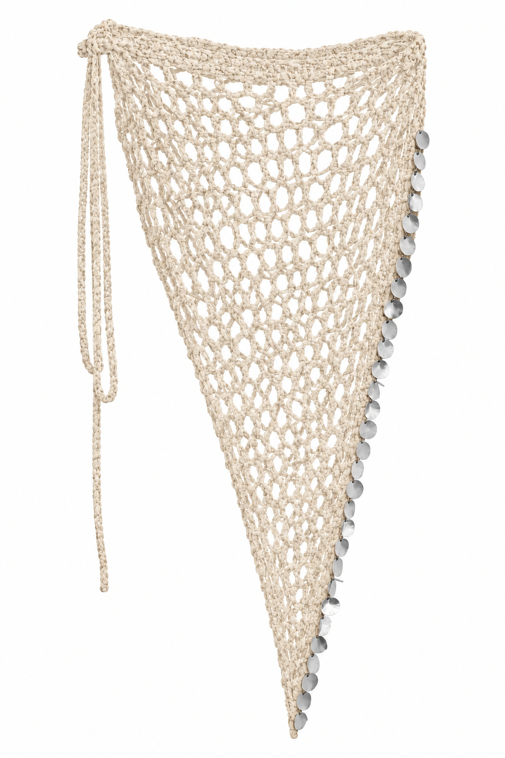 Pareo triangular MAXI FESTIVAL beige de crochet con lentejuelas plateadas.