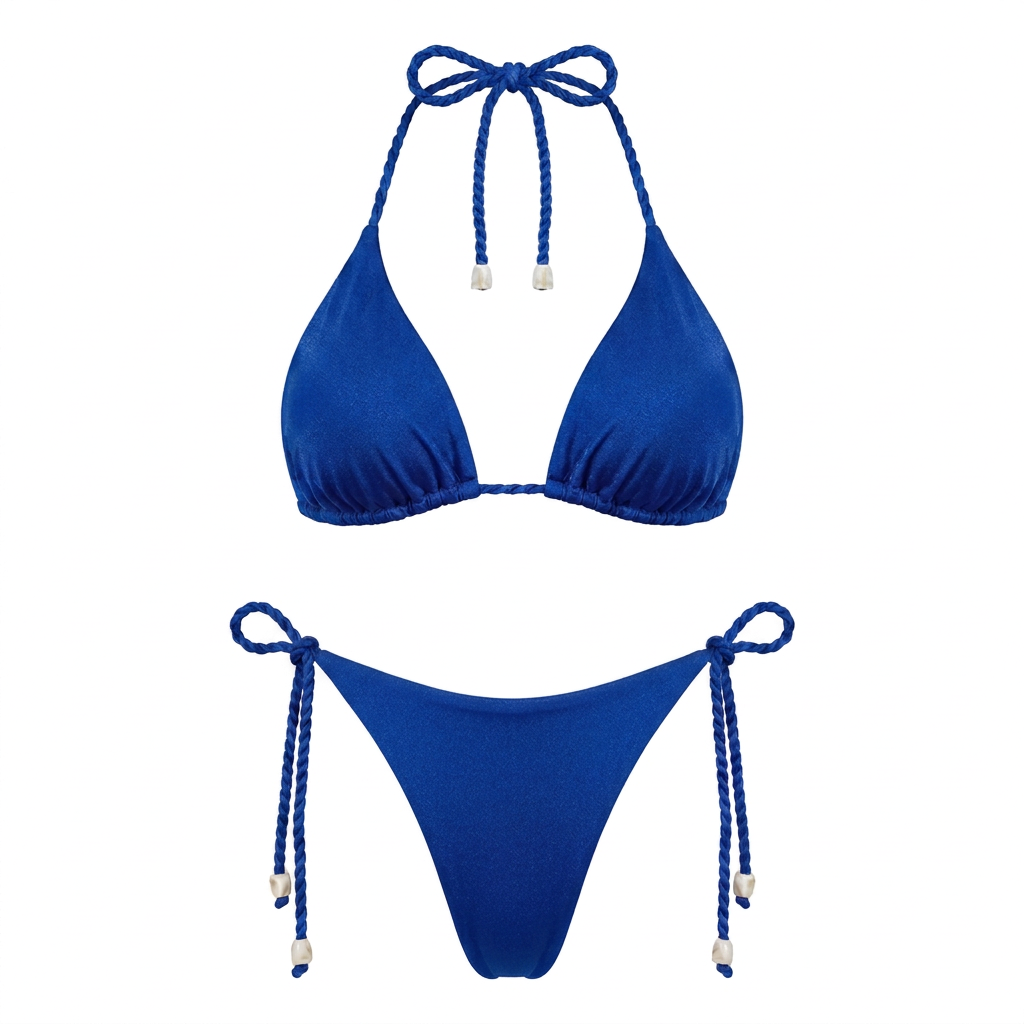 Bikini CURAZAO azul rey, vista delantera sin modelo, con top de triángulos y tiras enrolladas con puntas marfil.