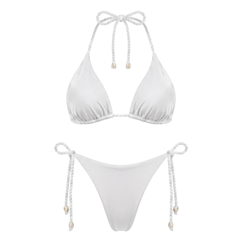 Bikini CURAZAO blanco, vista delantera sin modelo, con top de triángulos y panty de lazos laterales con terminaciones marfil.