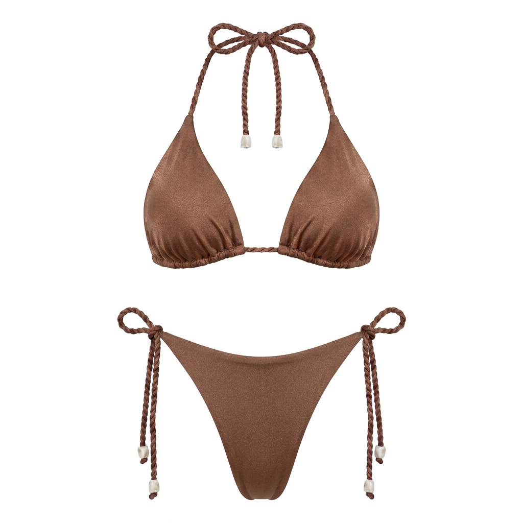 Bikini CURAZAO café oscuro, vista delantera sin modelo, con top de triángulos y panty de lazos laterales con terminaciones marfil.