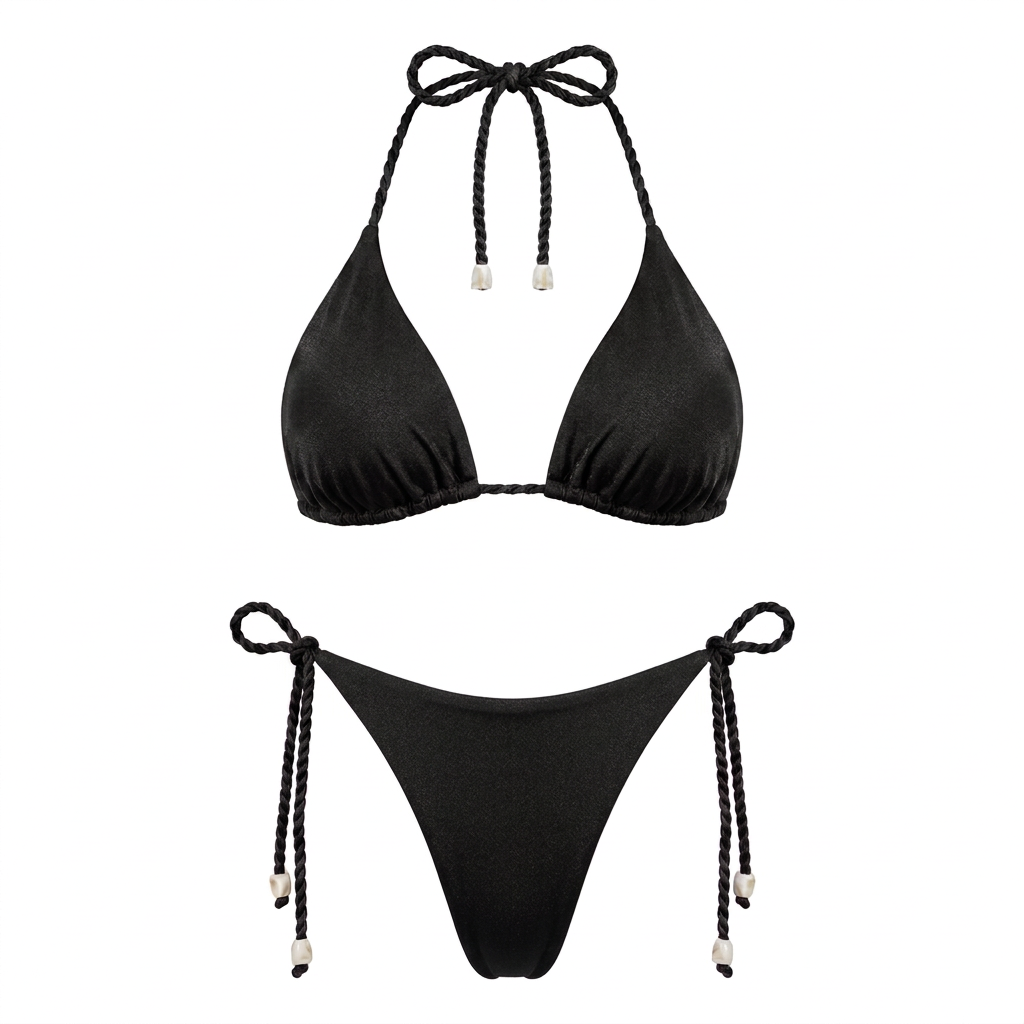 Bikini CURAZAO negro, vista delantera sin modelo, con top de triángulos y panty de lazos laterales con terminaciones marfil.