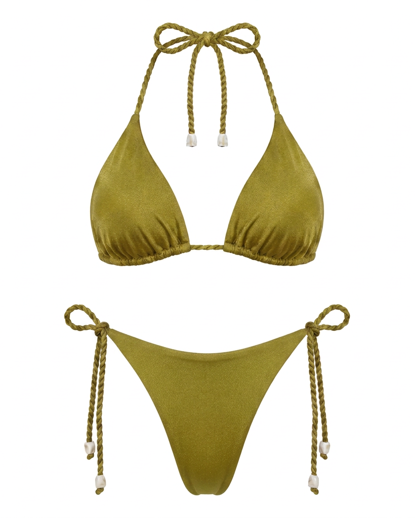 Bikini CURAZAO pistacho, vista delantera sin modelo, con top de triángulos y panty de lazos laterales con puntas marfil.