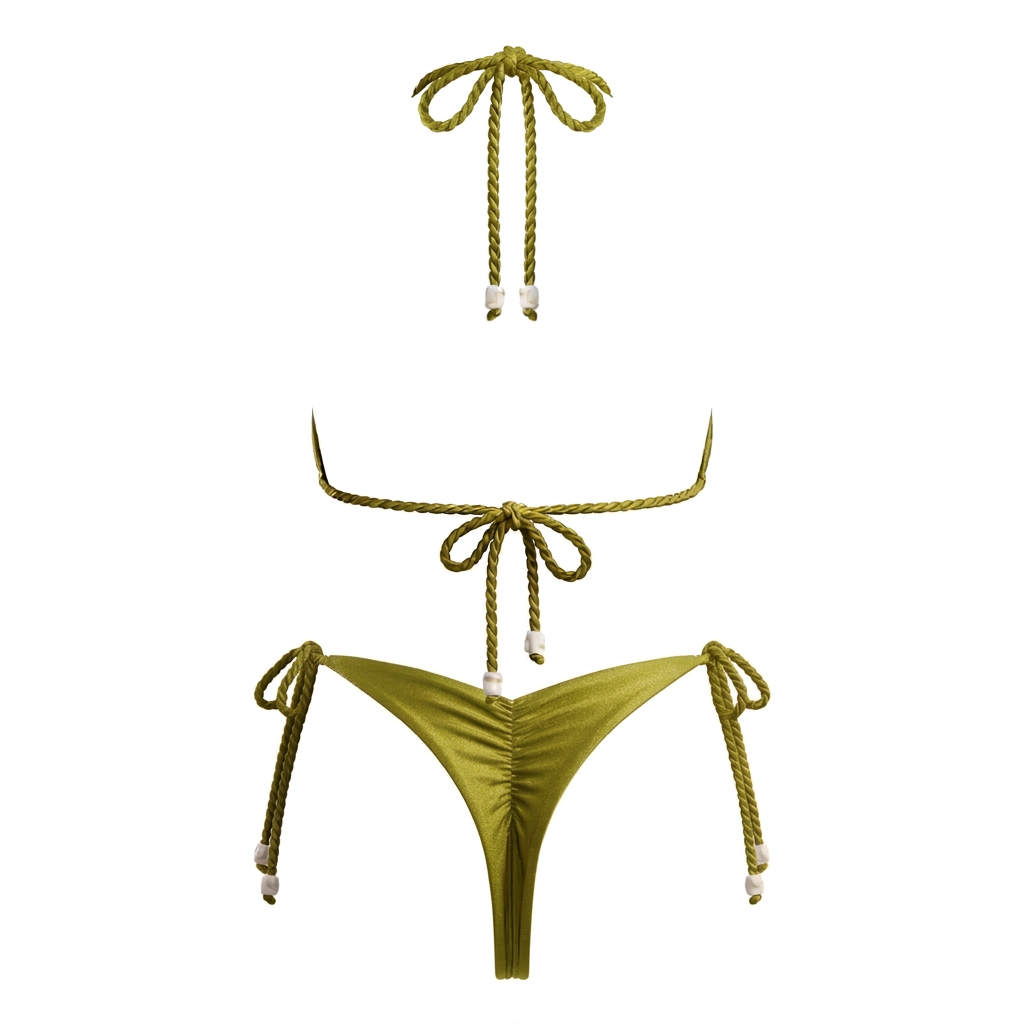 Bikini CURAZAO pistacho, vista trasera sin modelo, con lazos en cuello y espalda y panty semihilo de fruncido central.