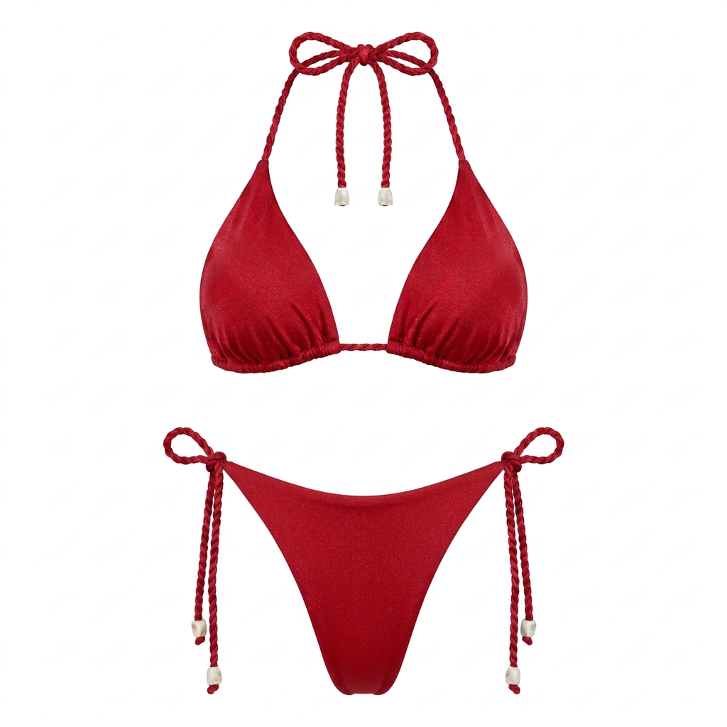 Bikini CURAZAO rojo, vista delantera sin modelo, con top de triángulos y panty de lazos laterales con terminaciones marfil.