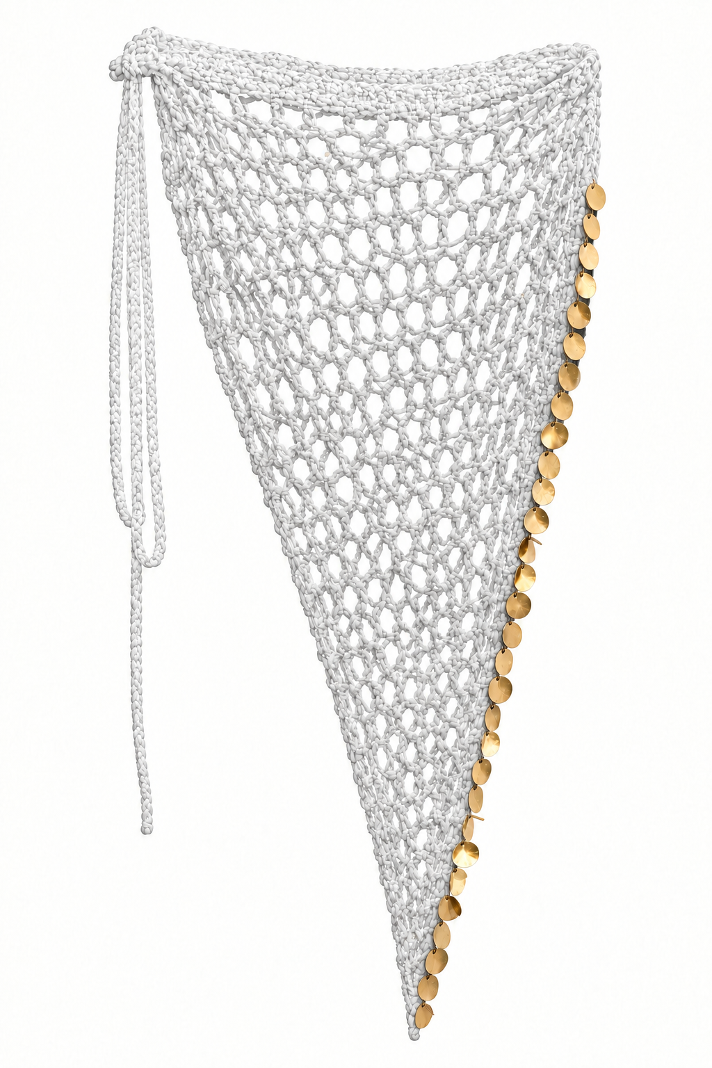 Pareo triangular MAXI FESTIVAL blanco de crochet con lentejuelas doradas.
