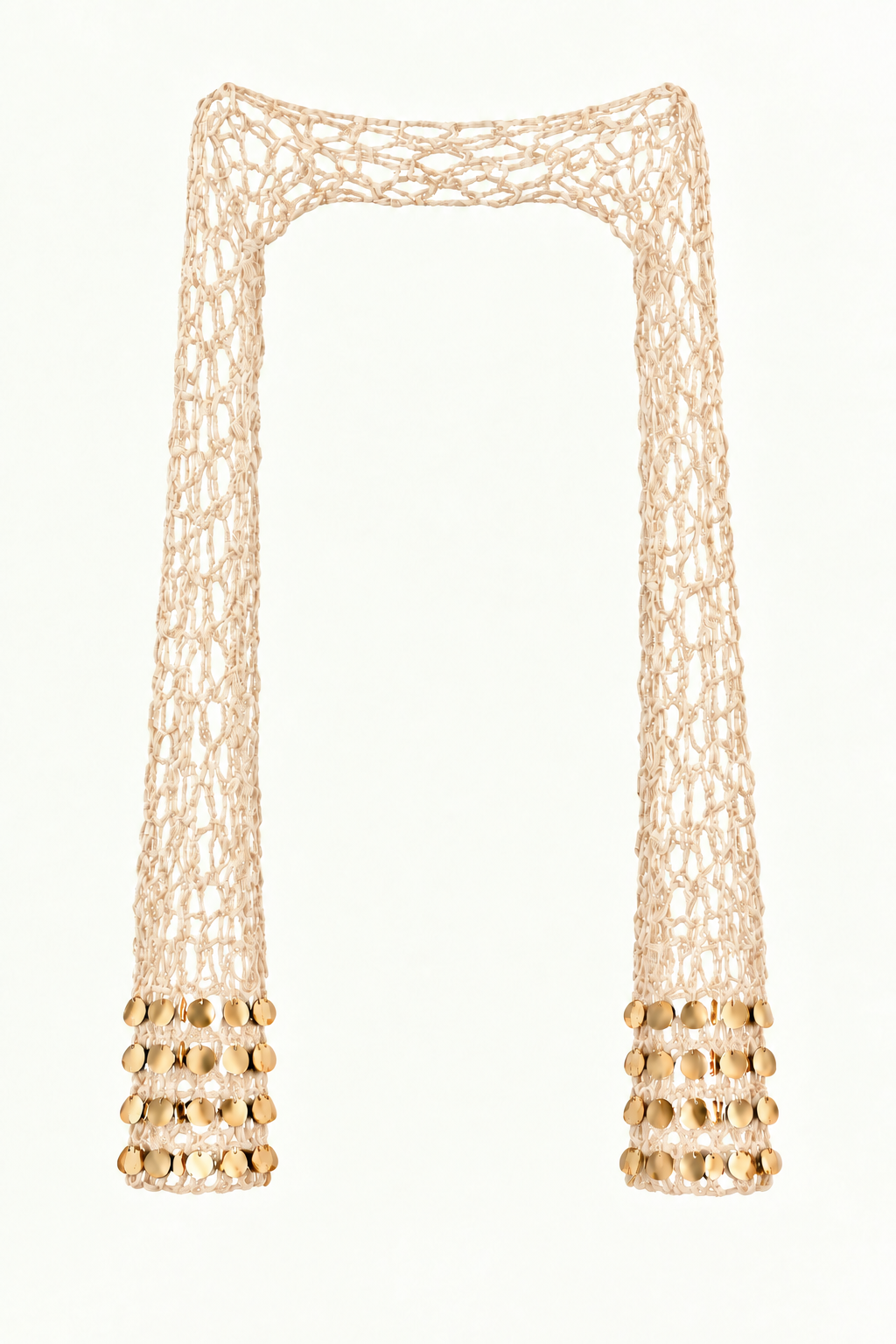 BUSO FESTIVAL beige de crochet, con mangas largas y lentejuelas doradas tipo espejo.