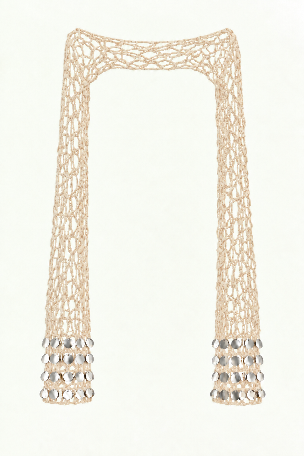 BUSO FESTIVAL beige de crochet, con mangas largas y lentejuelas plateadas tipo espejo.