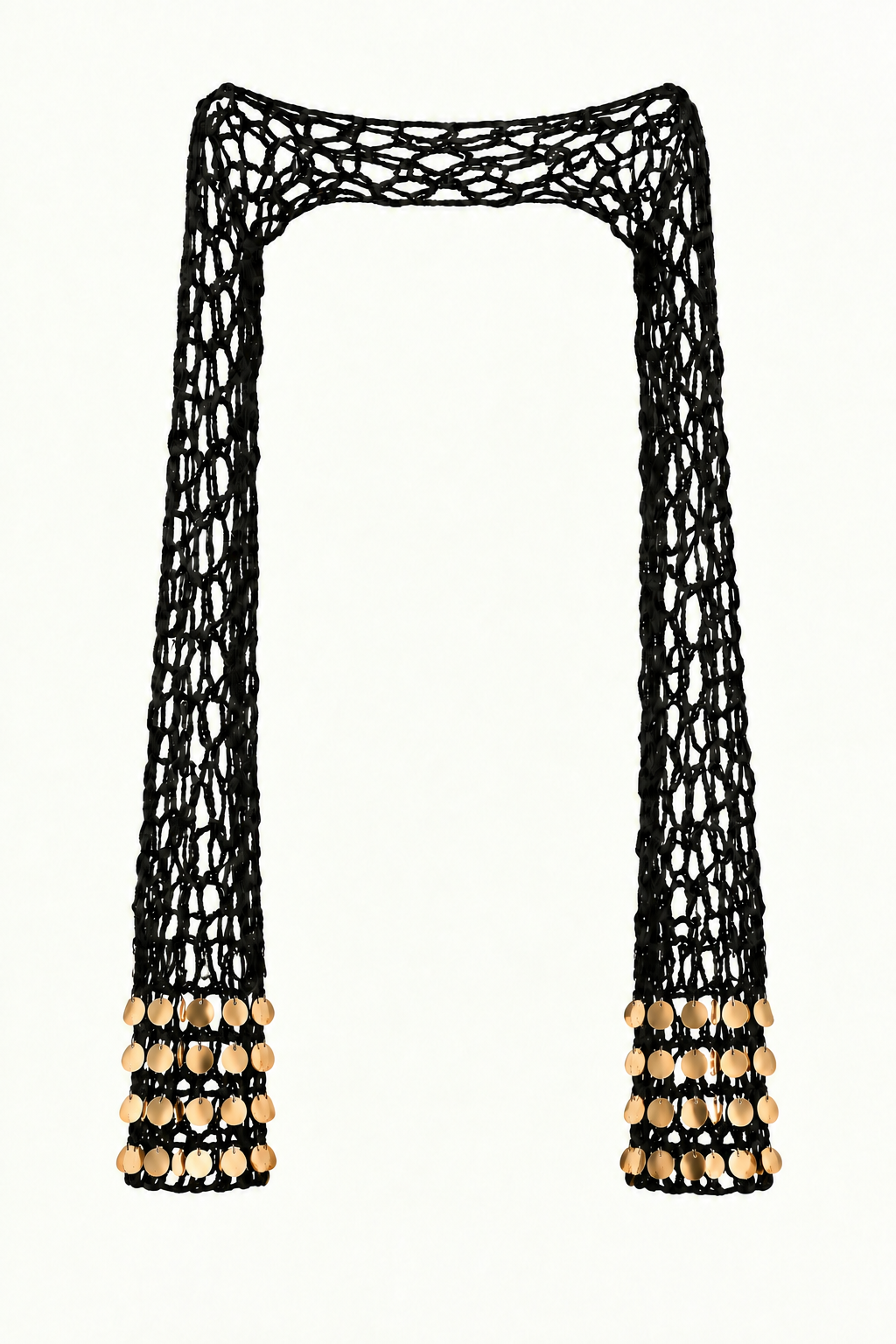 BUSO FESTIVAL negro de crochet, con mangas largas y lentejuelas doradas tipo espejo.