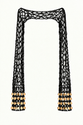 BUSO FESTIVAL negro de crochet, con mangas largas y lentejuelas doradas tipo espejo.