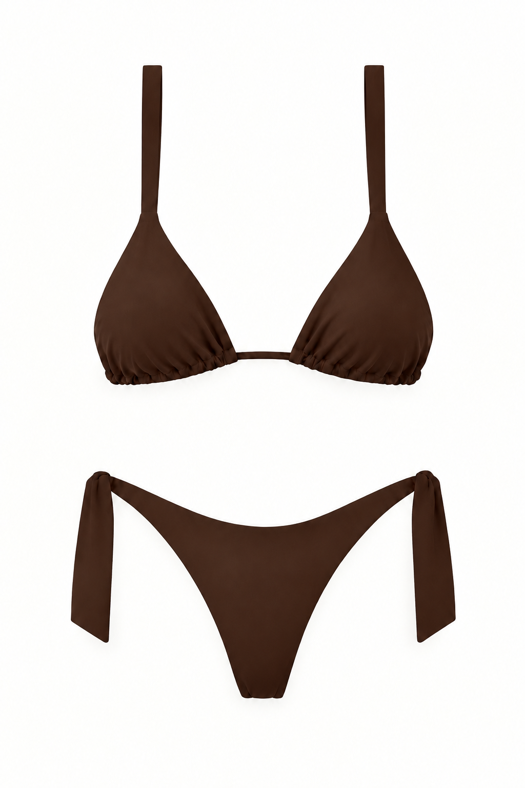 Bikini COCHE cafe oscuro con top triangular de tiras anchas y panty con amarres en ambos laterales, vista frontal.