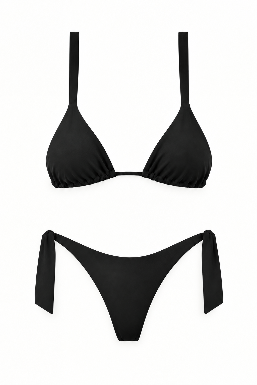 Bikini COCHE negro con top triangular de tiras anchas y panty con amarres en ambos laterales, vista frontal.