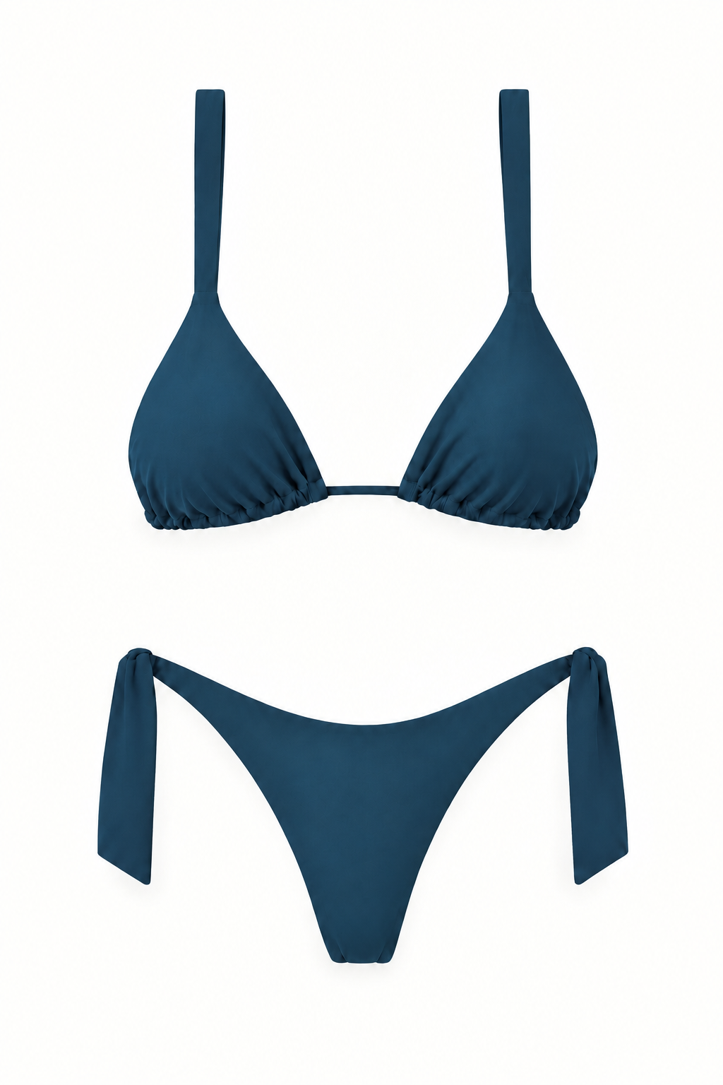 Bikini COCHE verde azulado con top triangular de tiras anchas y panty con amarres en ambos laterales, vista frontal.