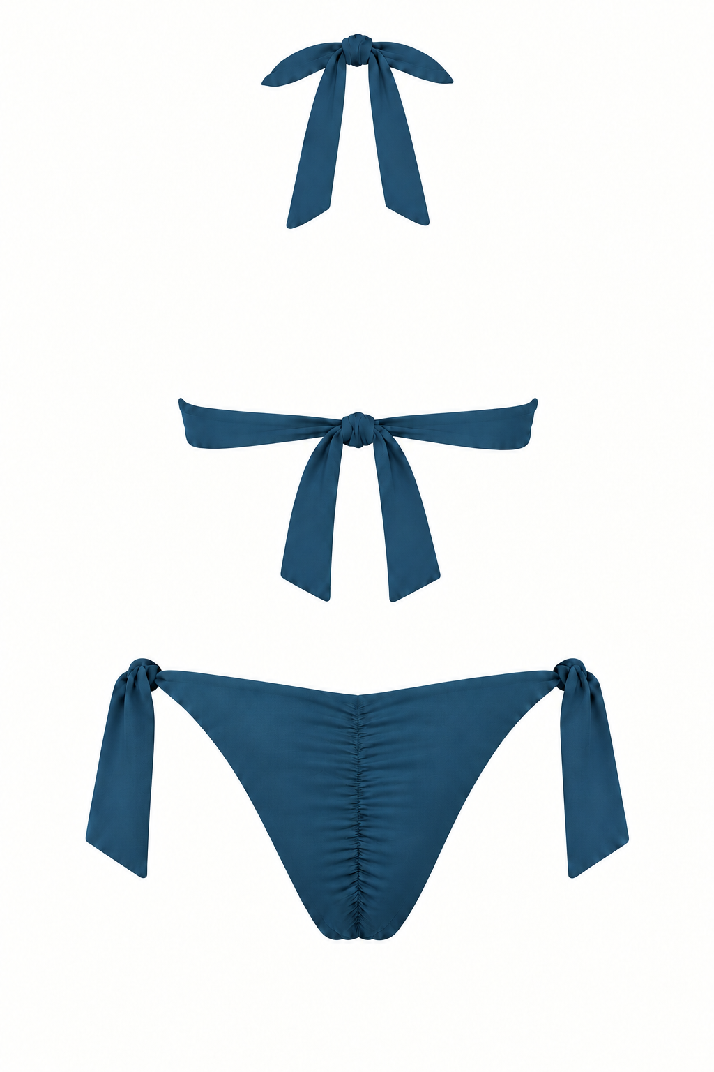 Bikini COCHE verde azulado, vista trasera con lazos en cuello y espalda y panty con fruncido central y amarres laterales.