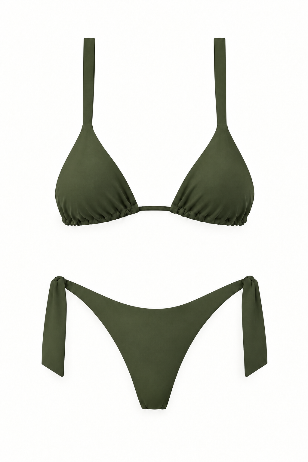 Bikini COCHE verde militar con top triangular de tiras anchas y panty con amarres en ambos laterales, vista frontal.