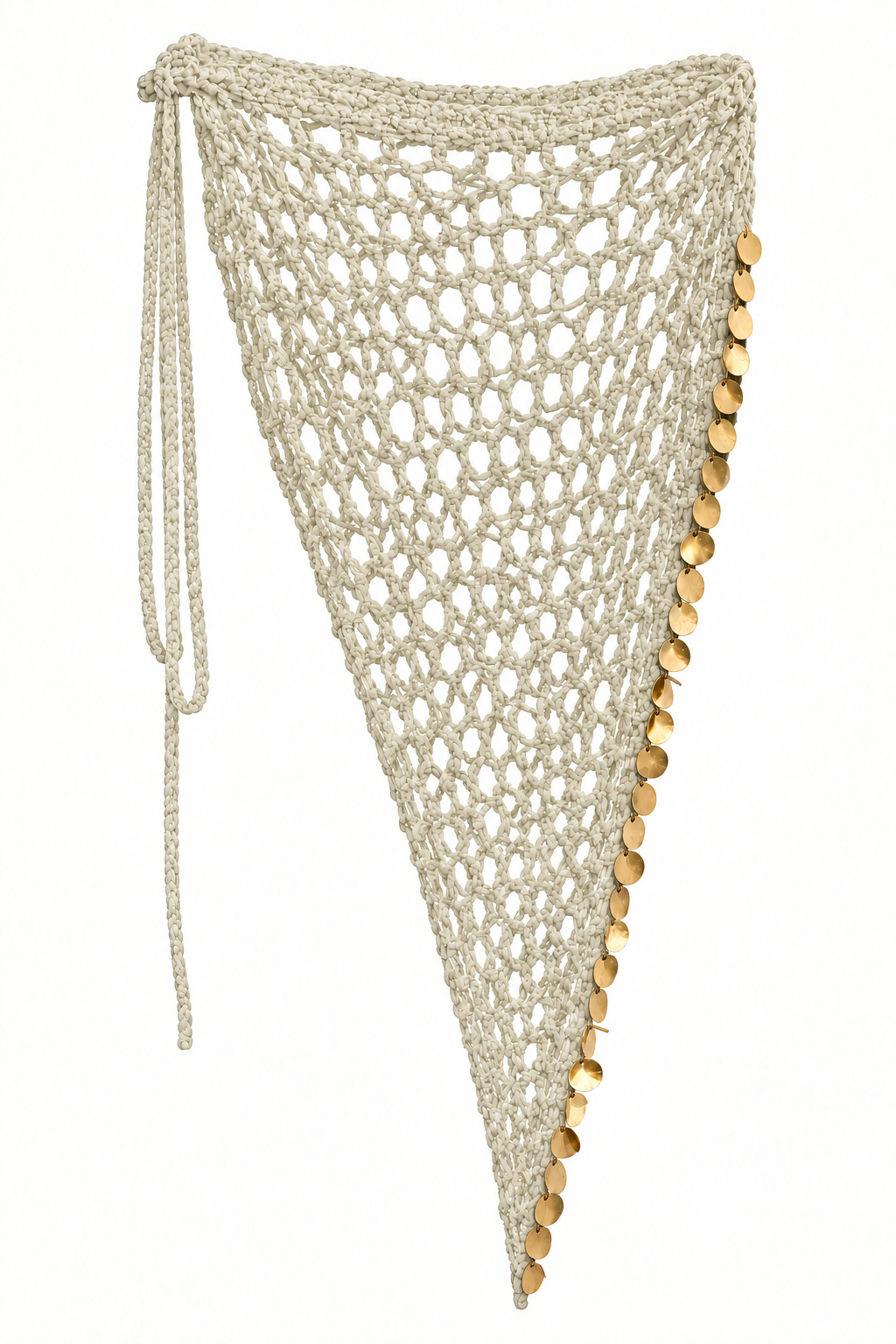 Pareo triangular MAXI FESTIVAL crema de crochet con lentejuelas doradas.