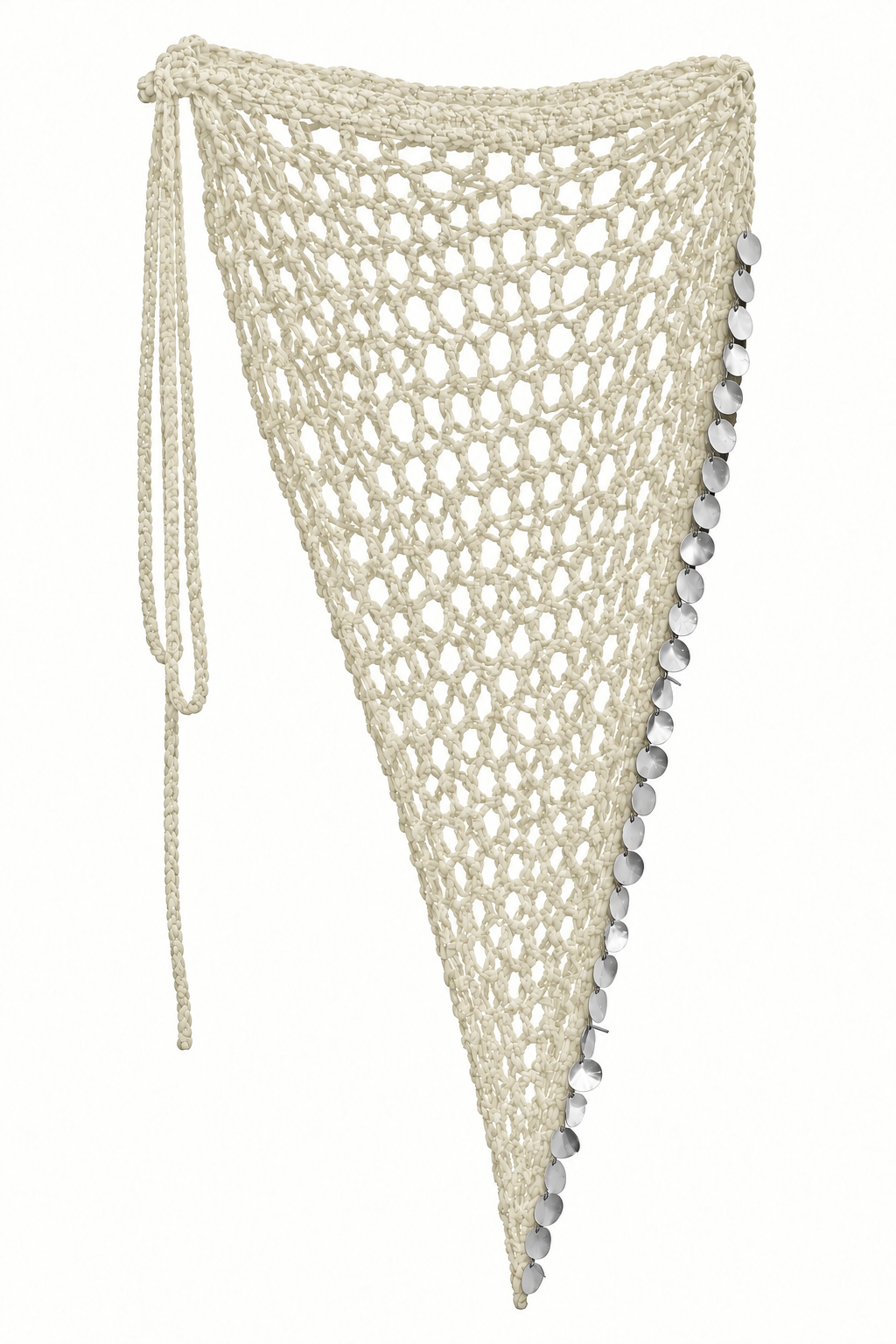 Pareo triangular MAXI FESTIVAL crema de crochet con lentejuelas plateadas.