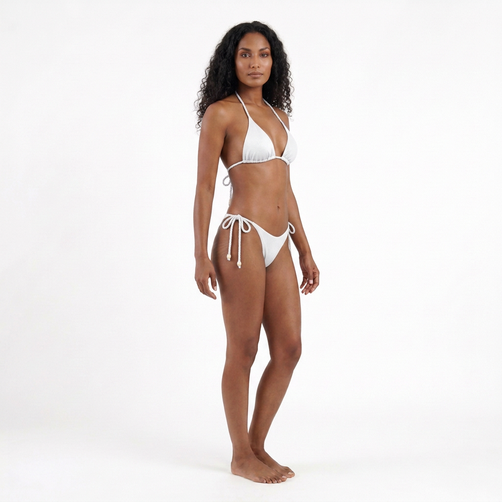 Modelo de cuerpo completo con bikini CURAZAO blanco en tres cuartos frontal, con top de triángulos y lazos laterales