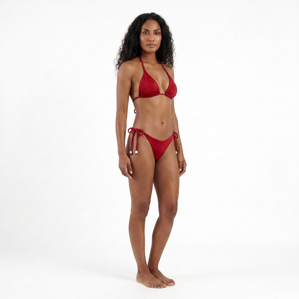 Modelo de cuerpo completo con bikini CURAZAO rojo en tres cuartos frontal, con top de triángulos y panty de amarres laterales.