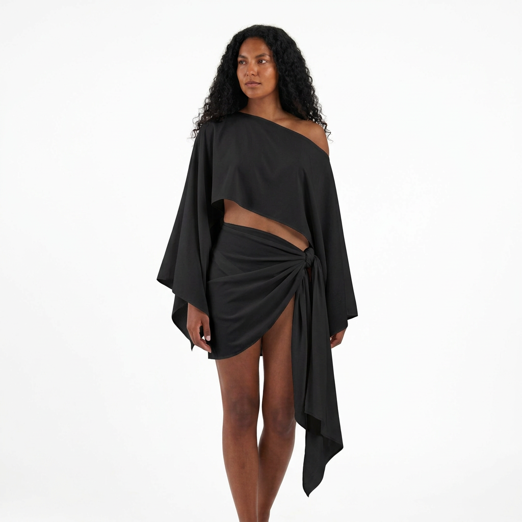 Conjunto ZAMNA negro de MIZZBOGI sobre modelo, con top corto de un hombro y pareo cruzado con amarre lateral.