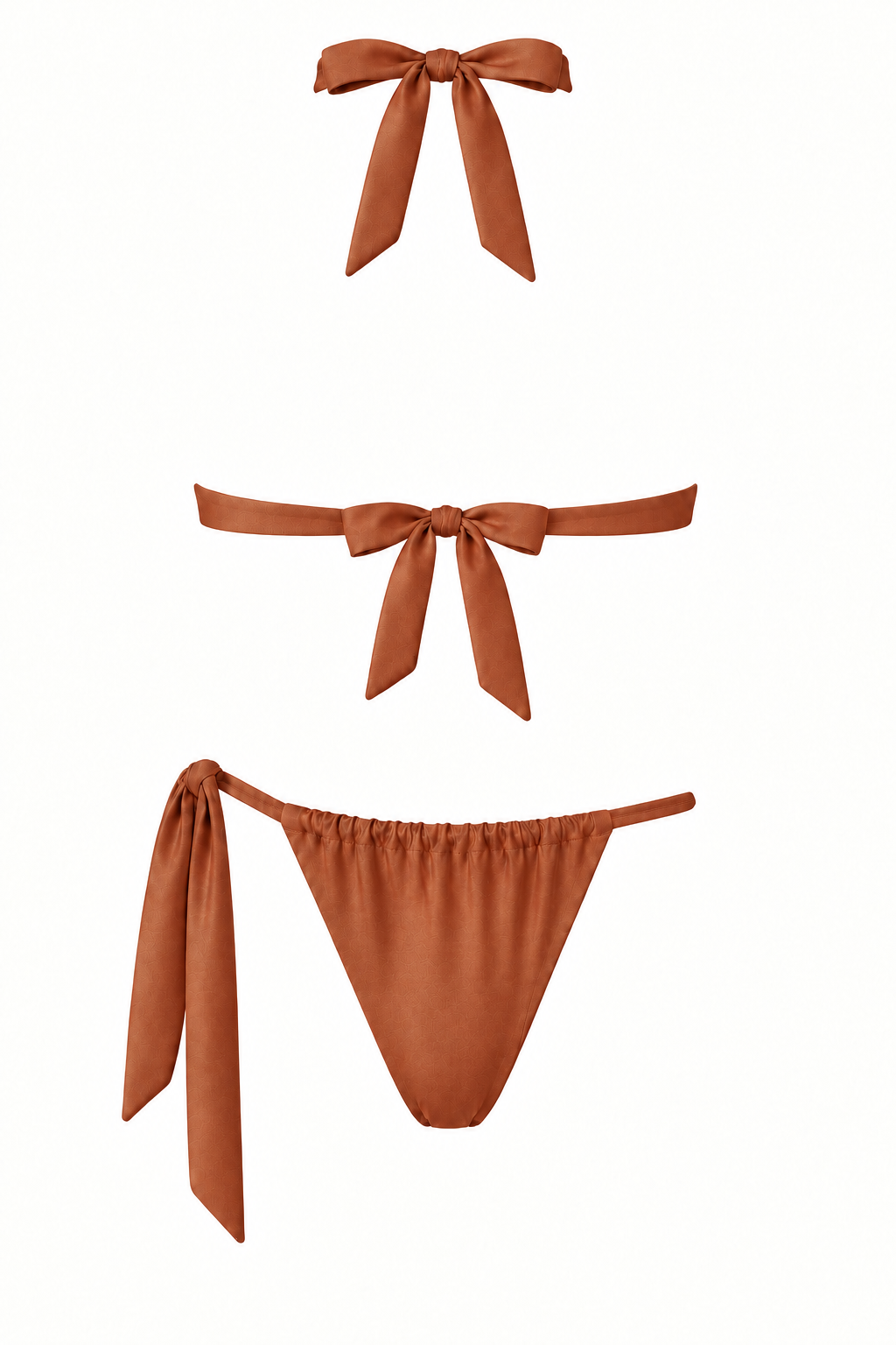 Bikini CUBAGUA bronce, vista trasera con lazos en cuello y espalda y panty acordeón de un solo amarre lateral.