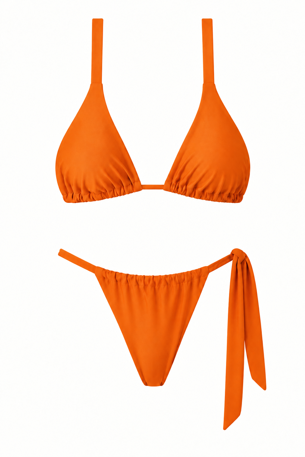 Bikini CUBAGUA naranja con top triangular y panty acordeón de un solo amarre lateral, vista frontal.