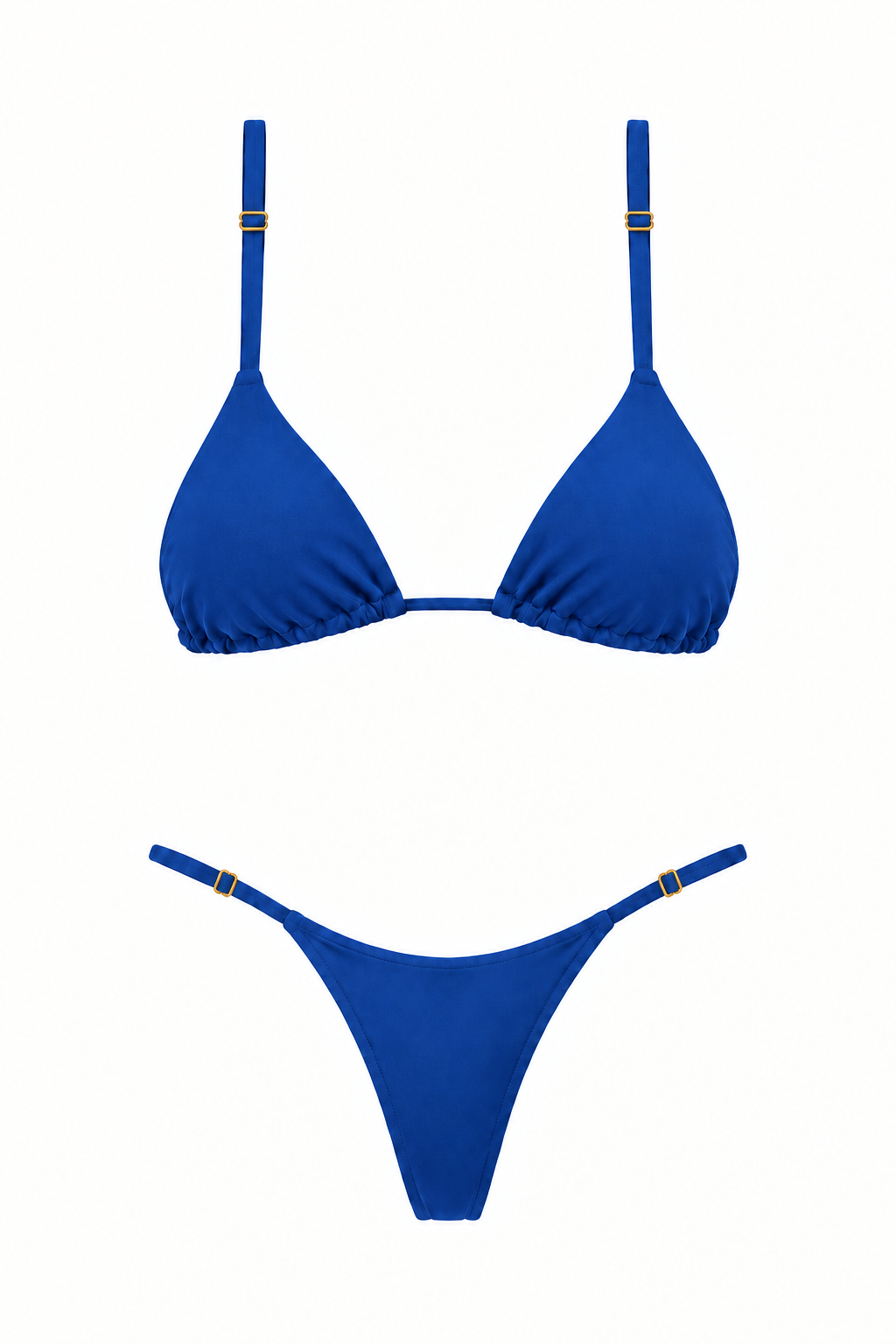 Bikini LOS ROQUES azul rey de dos piezas, con top triangular, tiras rectas regulables y panty sin lazos con reguladores dorados, vista frontal.