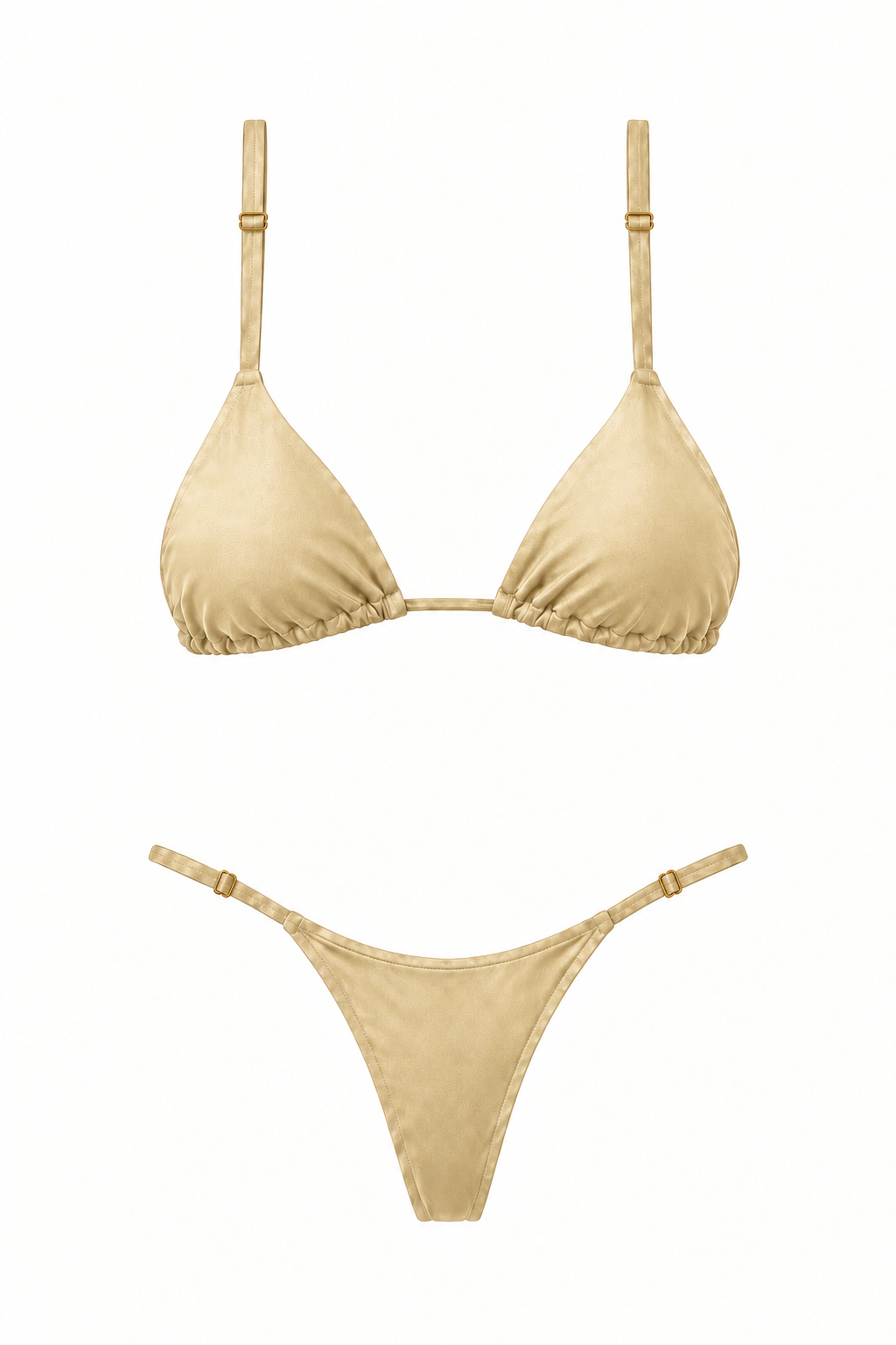 Bikini LOS ROQUES dorado de dos piezas, con top triangular, tiras rectas regulables y panty sin lazos con reguladores dorados, vista frontal.