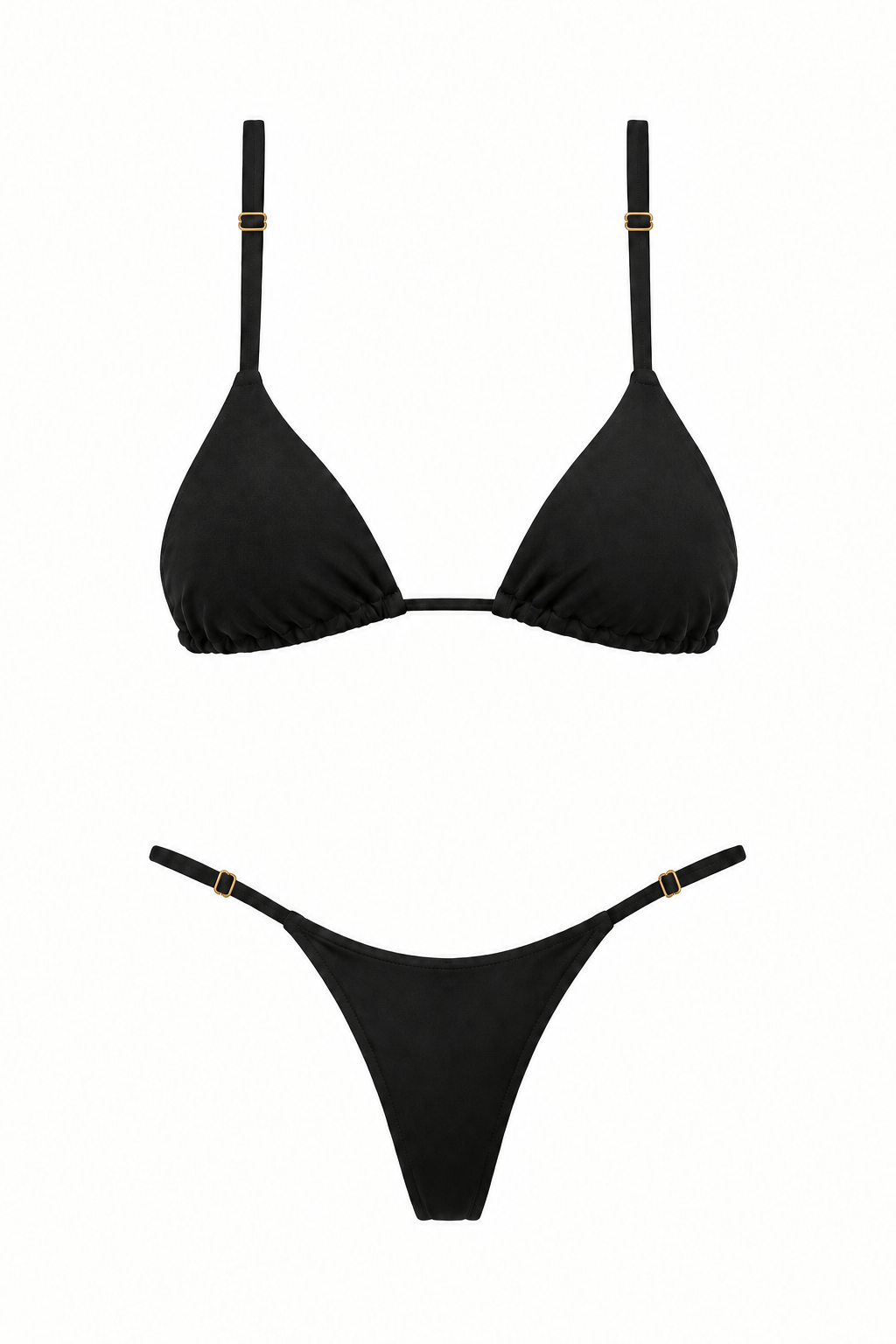 Bikini LOS ROQUES negro de dos piezas, con top triangular, tiras rectas regulables y panty sin lazos con reguladores dorados, vista frontal.