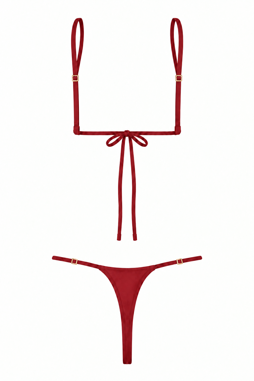 Bikini LOS ROQUES rojo de dos piezas, con correas regulables, amarre central en la espalda y tanga sin lazos laterales con reguladores dorados, vista trasera.