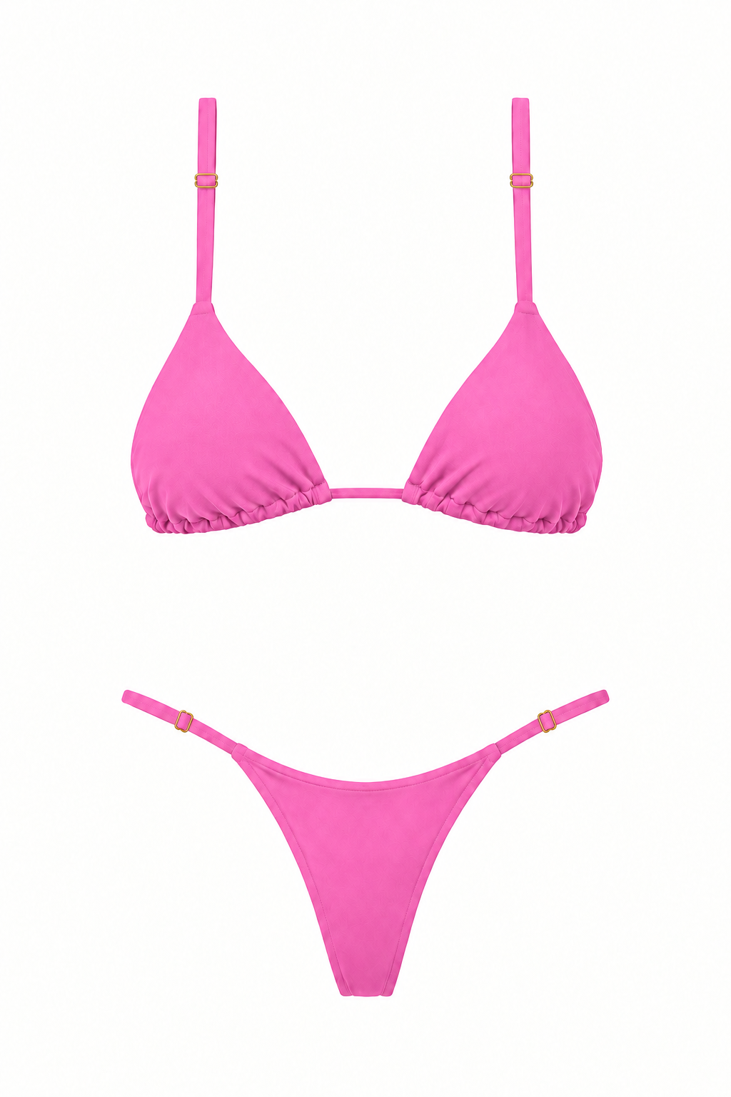 Bikini LOS ROQUES rosado de dos piezas, con top triangular, tiras rectas regulables y panty sin lazos con reguladores dorados, vista frontal.