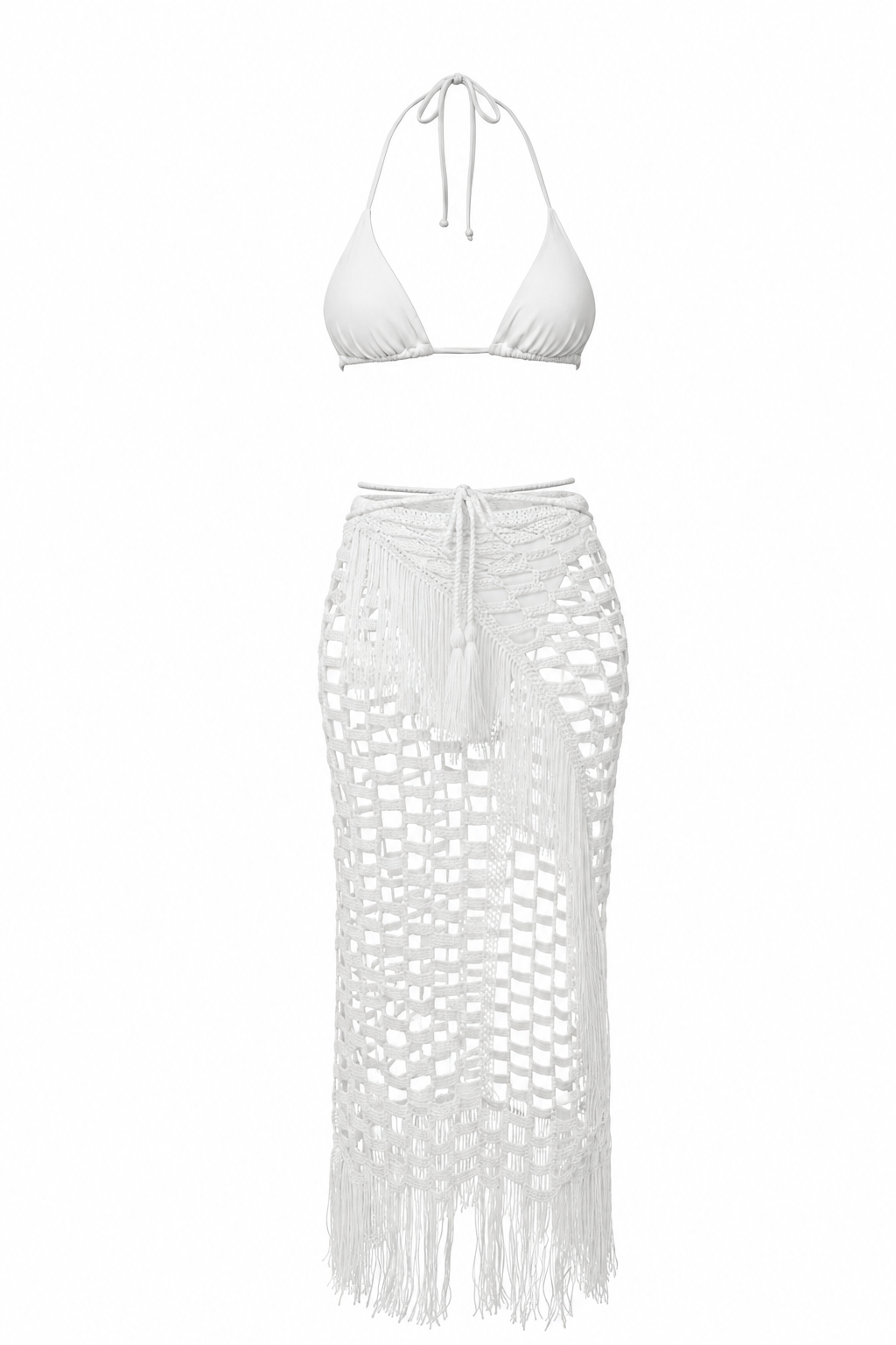 Falda LUX blanca sin modelo, con tejido de crochet calado, flecos largos y cintura ajustable, acompañada de un top de bikini como referencia de estilo.