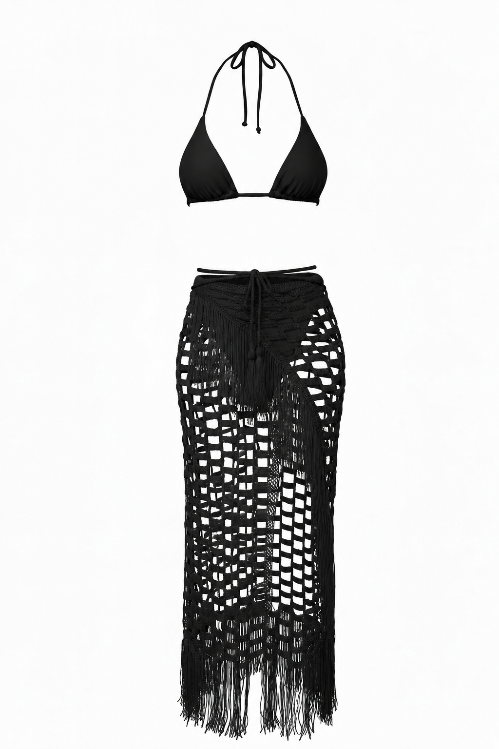 Falda LUX negra sin modelo, con tejido de crochet calado, flecos largos y cintura ajustable, acompañada de un top de bikini como referencia de estilo.