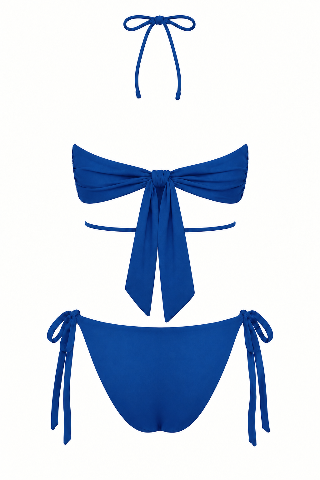 Bikini MARGARITA azul rey de dos piezas, con amarre ancho en la espalda, una tira delgada en la cintura y panty de corte clásico con lazos laterales, vista trasera.