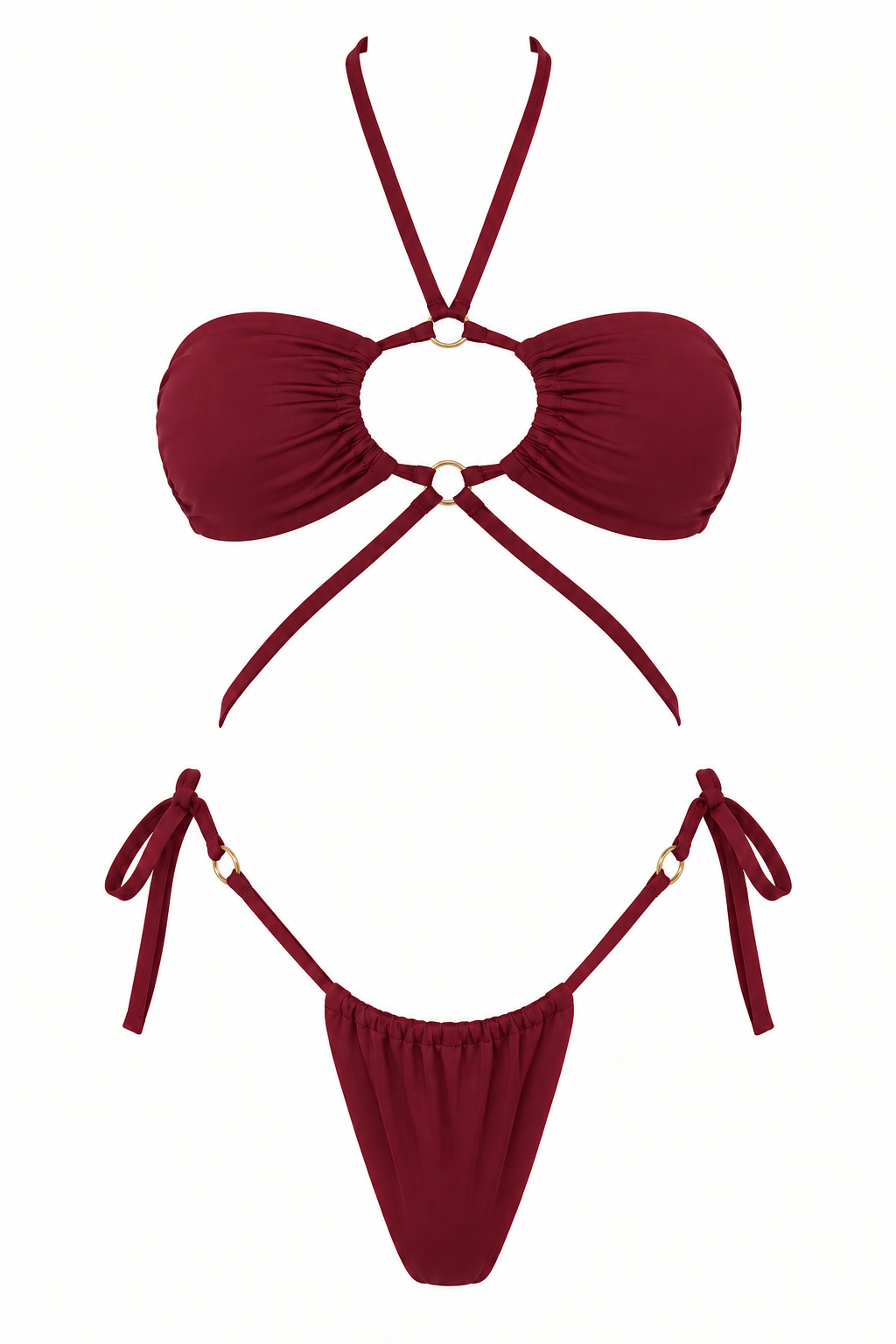 Bikini MARGARITA vinotinto de dos piezas, con top fruncido, abertura y aros centrales, tiras cruzadas y panty ajustable con lazos laterales, vista frontal.