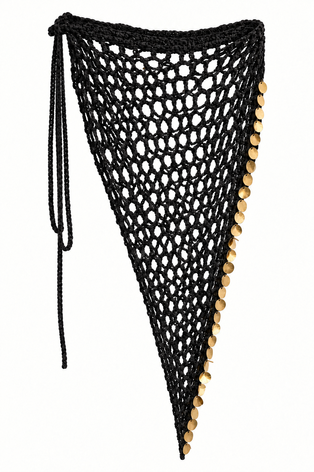 Pareo triangular MAXI FESTIVAL negro de crochet con lentejuelas doradas.