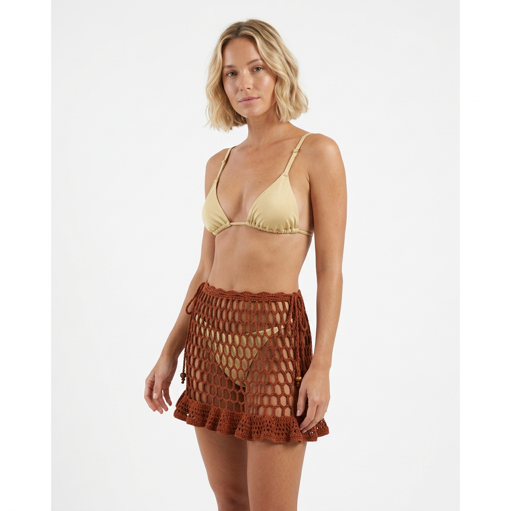 MINI SEVILLA terracota con modelo rubia de cabello corto ondulado y LOS ROQUES dorado
