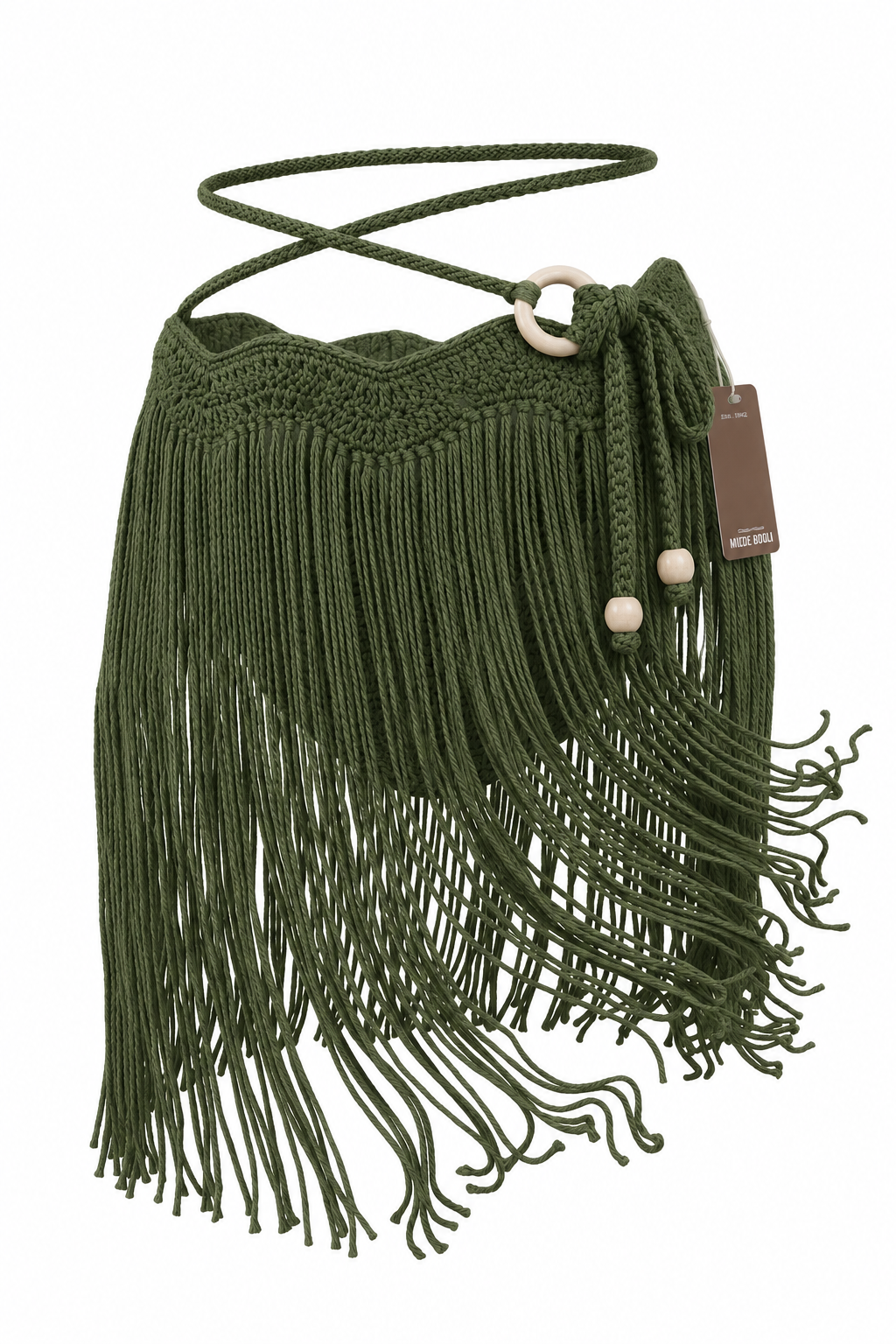 Falda MINI TASSEL OLAS verde militar sin modelo, con pretina de ondas tejida a mano, flecos largos, tiras ajustables y aro lateral en tono madera clara.