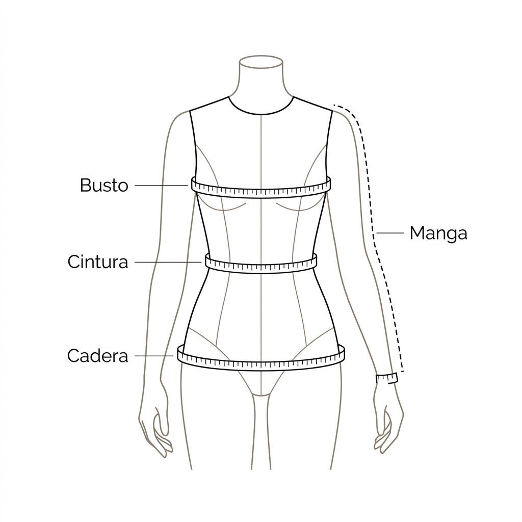 Guía de medidas: contornos de busto, cintura y cadera, y largo de manga desde el hombro hasta la muñeca.